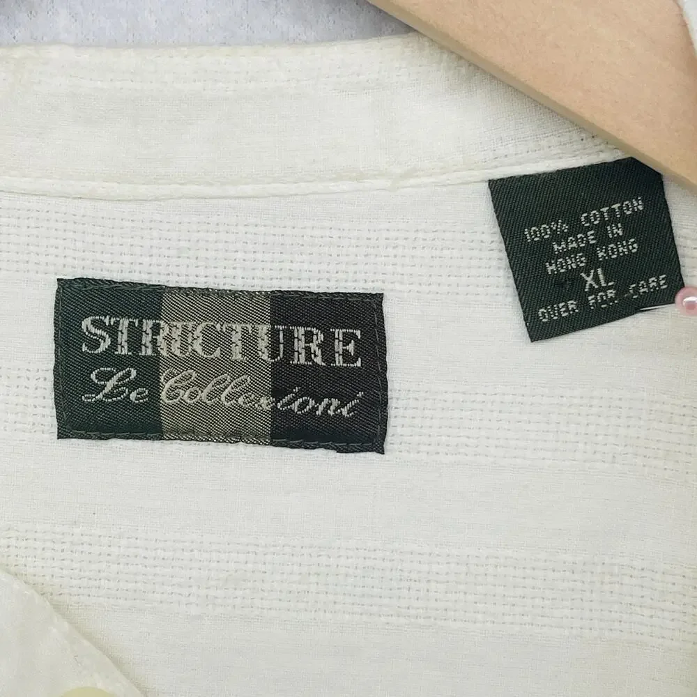 STRUCTURE Shirt Mens XL Cotton Dobby Striped Band Collar Button Up Off White VTG_5